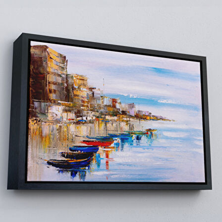 Kahverengi Çerçeveli Sahildeki Renkli Tekneler Dekoratif Kanvas Duvar Tablosu