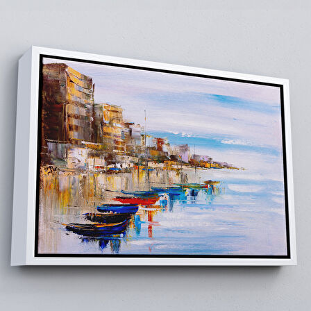 Kahverengi Çerçeveli Sahildeki Renkli Tekneler Dekoratif Kanvas Duvar Tablosu