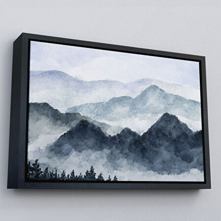 Siyah Çerçeveli Dağ Manzaralı Suluboya Görünümlü Dekoratif Kanvas Duvar Tablosu