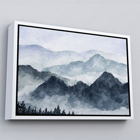 Siyah Çerçeveli Dağ Manzaralı Suluboya Görünümlü Dekoratif Kanvas Duvar Tablosu