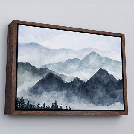 Siyah Çerçeveli Dağ Manzaralı Suluboya Görünümlü Dekoratif Kanvas Duvar Tablosu