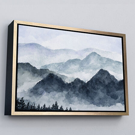 Siyah Çerçeveli Dağ Manzaralı Suluboya Görünümlü Dekoratif Kanvas Duvar Tablosu