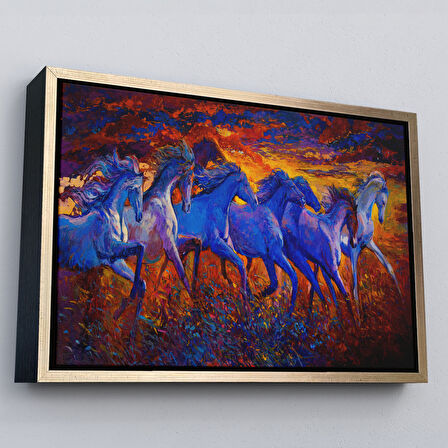 Siyah Çerçeveli Koşan Atlar Dekoratif Kanvas Duvar Tablosu