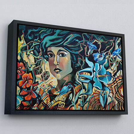 Siyah Çerçeveli Çiçekler Arasındaki Kadın Duvar Tablosu