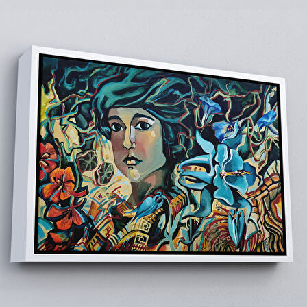 Siyah Çerçeveli Çiçekler Arasındaki Kadın Duvar Tablosu