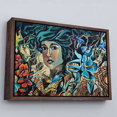 Siyah Çerçeveli Çiçekler Arasındaki Kadın Duvar Tablosu