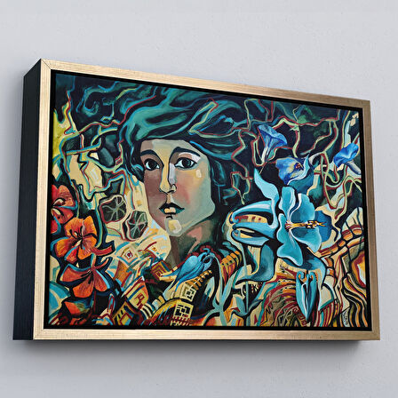 Siyah Çerçeveli Çiçekler Arasındaki Kadın Duvar Tablosu