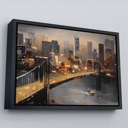 Siyah Çerçeveli New York Nehir ve Köprü Manzarası Duvar Tablosu