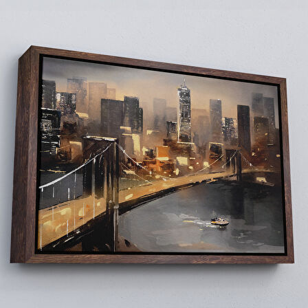 Siyah Çerçeveli New York Nehir ve Köprü Manzarası Duvar Tablosu