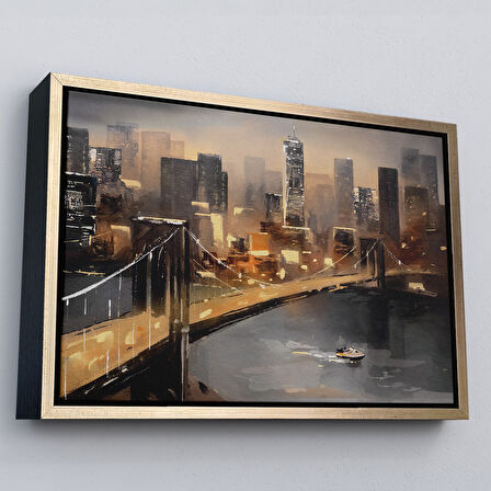 Siyah Çerçeveli New York Nehir ve Köprü Manzarası Duvar Tablosu