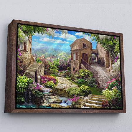 Kahverengi Çerçeveli Avrupa Ev Manzarası Dekoratif Kanvas Duvar Tablosu