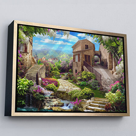 Kahverengi Çerçeveli Avrupa Ev Manzarası Dekoratif Kanvas Duvar Tablosu