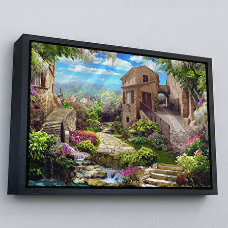 Kahverengi Çerçeveli Avrupa Ev Manzarası Dekoratif Kanvas Duvar Tablosu