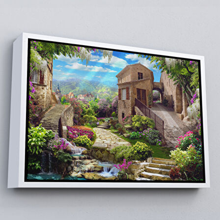 Kahverengi Çerçeveli Avrupa Ev Manzarası Dekoratif Kanvas Duvar Tablosu