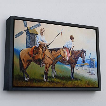 Altın Çerçeveli Kazakistan Kırsalında Atlı İnsanlar Yağlıboya Görünüm Kanvas Duvar Tablosu