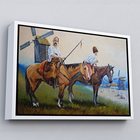 Altın Çerçeveli Kazakistan Kırsalında Atlı İnsanlar Yağlıboya Görünüm Kanvas Duvar Tablosu