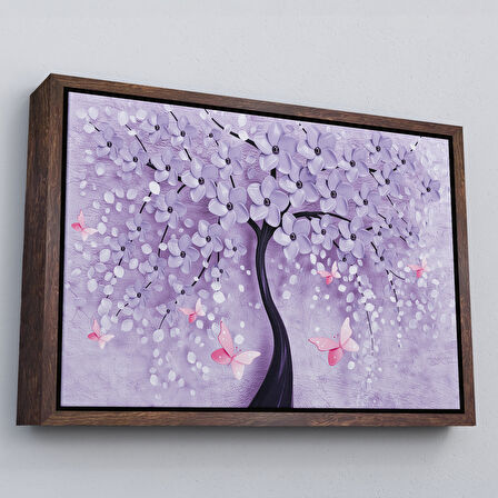 Beyaz Çerçeveli Mavi İnci Çiçekler ve Kelebekler Dekoratif Kanvas Duvar Tablosu