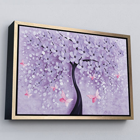 Beyaz Çerçeveli Mavi İnci Çiçekler ve Kelebekler Dekoratif Kanvas Duvar Tablosu