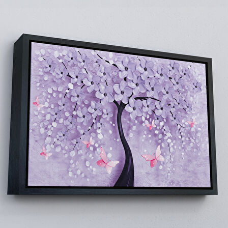 Beyaz Çerçeveli Mavi İnci Çiçekler ve Kelebekler Dekoratif Kanvas Duvar Tablosu