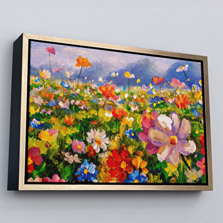 Altın Çerçeveli Kır Çiçekleri Yağlıboya Görünüm Dekoratif Kanvas Duvar Tablosu