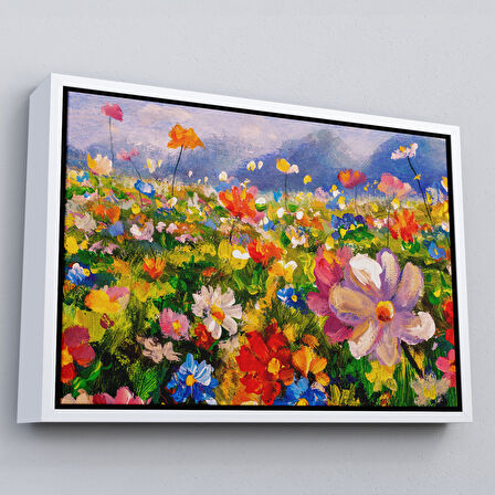 Altın Çerçeveli Kır Çiçekleri Yağlıboya Görünüm Dekoratif Kanvas Duvar Tablosu