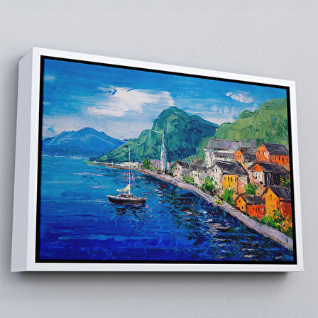 Altın Çerçeveli Hallstatt Avusturya Yağlıboya Görünüm Dekoratif Kanvas Duvar Tablosu