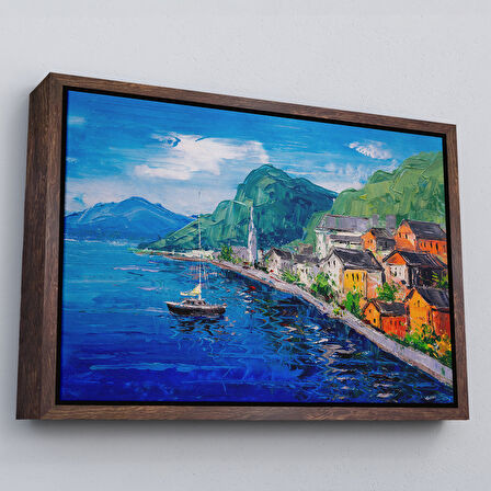 Altın Çerçeveli Hallstatt Avusturya Yağlıboya Görünüm Dekoratif Kanvas Duvar Tablosu