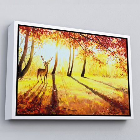 Altın Çerçeveli Baharda Ormanda Bir Geyik Yağlıboya Görünüm Kanvas Tablo