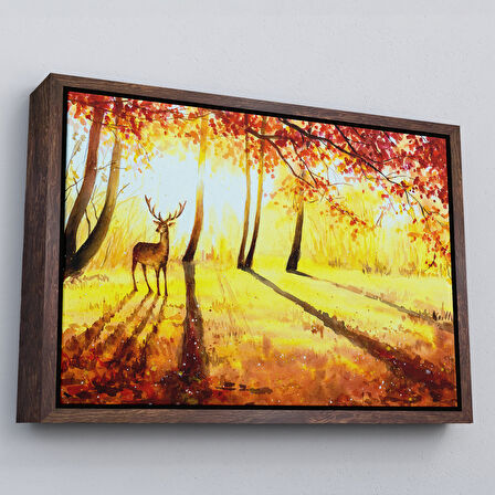 Altın Çerçeveli Baharda Ormanda Bir Geyik Yağlıboya Görünüm Kanvas Tablo