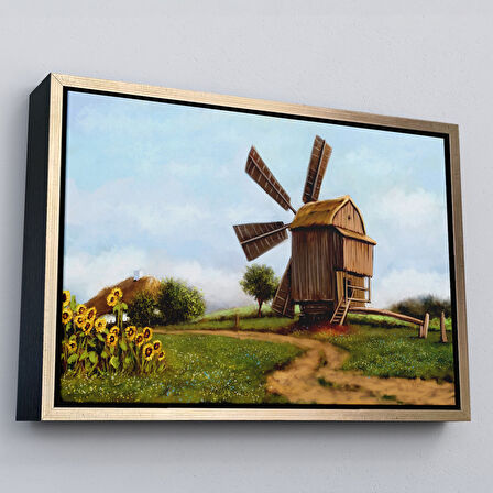 Kahverengi Çerçeveli Eski Yel Değirmeni Yağlıboya Görünüm Dekoratif Kanvas Duvar Tablosu