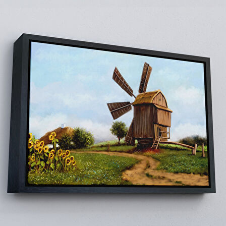 Kahverengi Çerçeveli Eski Yel Değirmeni Yağlıboya Görünüm Dekoratif Kanvas Duvar Tablosu