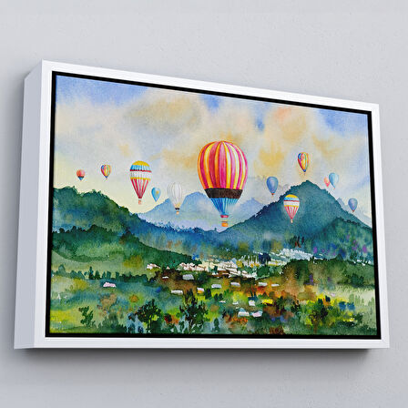 Kahverengi Çerçeveli Kapadokya Hava Balonları Yağlıboya Görünüm Dekoratif Kanvas Duvar Tablosu