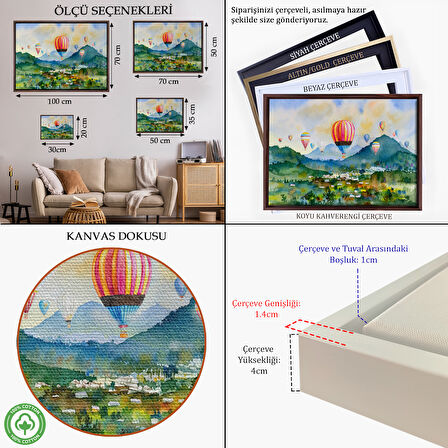 Kahverengi Çerçeveli Kapadokya Hava Balonları Yağlıboya Görünüm Dekoratif Kanvas Duvar Tablosu