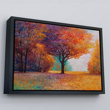 Beyaz Çerçeveli Sonbahar Manzarası Yağlıboya Görünüm Dekoratif Kanvas Duvar Tablosu