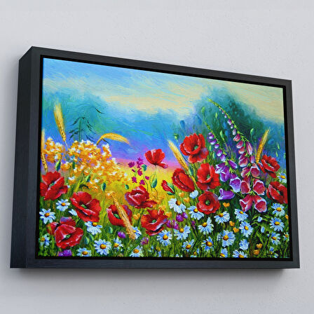 Siyah Çerçeveli Renkli Çiçekler Yağlıboya Görünüm Dekoratif Kanvas Duvar Tablosu