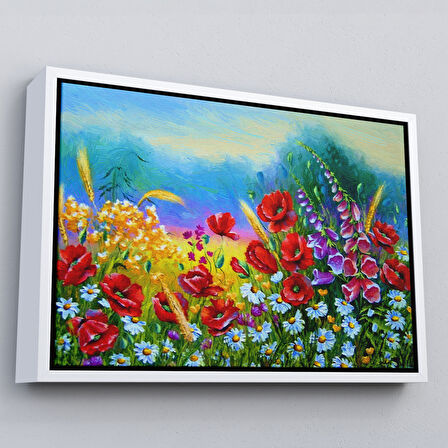 Siyah Çerçeveli Renkli Çiçekler Yağlıboya Görünüm Dekoratif Kanvas Duvar Tablosu