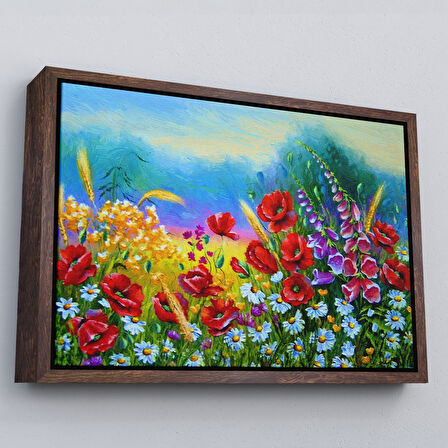 Siyah Çerçeveli Renkli Çiçekler Yağlıboya Görünüm Dekoratif Kanvas Duvar Tablosu