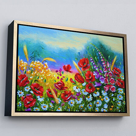 Siyah Çerçeveli Renkli Çiçekler Yağlıboya Görünüm Dekoratif Kanvas Duvar Tablosu