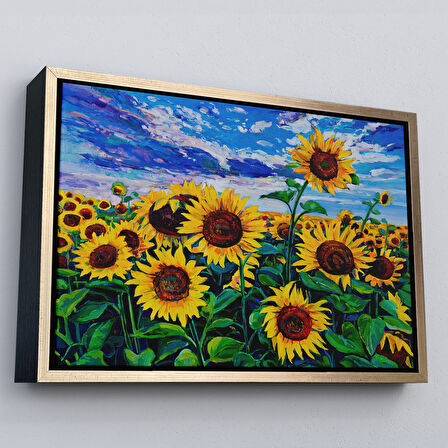 Altın Çerçeveli Ayçiçeği Tarlası Yağlıboya Görünüm Dekoratif Kanvas Duvar Tablosu