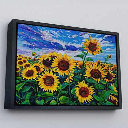 Altın Çerçeveli Ayçiçeği Tarlası Yağlıboya Görünüm Dekoratif Kanvas Duvar Tablosu