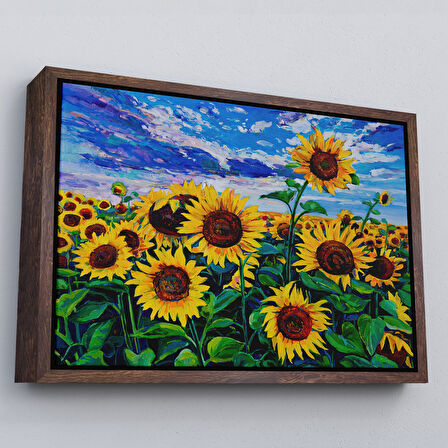 Altın Çerçeveli Ayçiçeği Tarlası Yağlıboya Görünüm Dekoratif Kanvas Duvar Tablosu