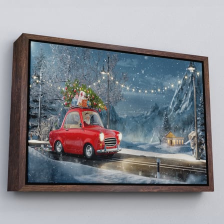 Kahverengi Çerçeveli Noel Baba ve Küçük Kırmızı Retro Arabası Kanvas Duvar Tablosu