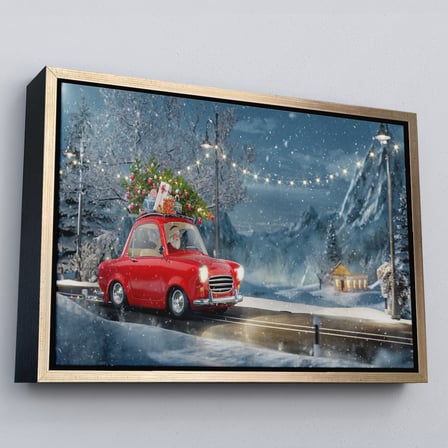 Kahverengi Çerçeveli Noel Baba ve Küçük Kırmızı Retro Arabası Kanvas Duvar Tablosu