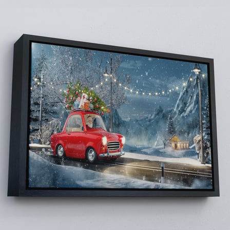 Kahverengi Çerçeveli Noel Baba ve Küçük Kırmızı Retro Arabası Kanvas Duvar Tablosu