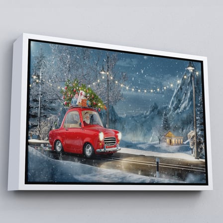 Kahverengi Çerçeveli Noel Baba ve Küçük Kırmızı Retro Arabası Kanvas Duvar Tablosu
