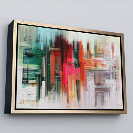 Altın Çerçeveli Fırça Darbeleri ile Soyut Yağlıboya Görünüm Dekoratif Kanvas Duvar Tablosu