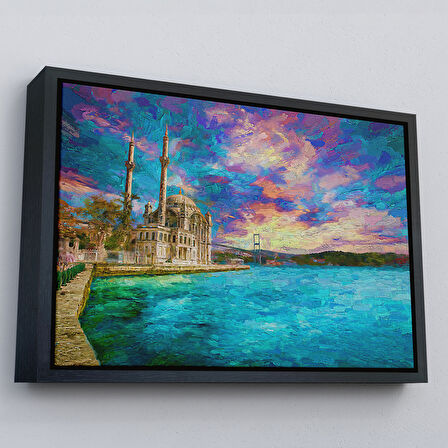 Siyah Çerçeveli Fırça Darbeleri ile Soyut Yağlıboya Görünüm Dekoratif Kanvas Duvar Tablosu