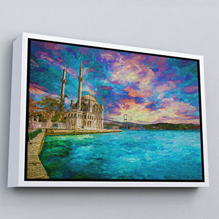 Siyah Çerçeveli Fırça Darbeleri ile Soyut Yağlıboya Görünüm Dekoratif Kanvas Duvar Tablosu