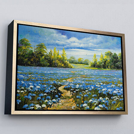 Kahverengi Çerçeveli Mavi Gelincik Tarlası Yağlıboya Görünüm Dekoratif Kanvas Duvar Tablosu