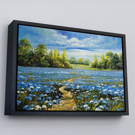 Kahverengi Çerçeveli Mavi Gelincik Tarlası Yağlıboya Görünüm Dekoratif Kanvas Duvar Tablosu
